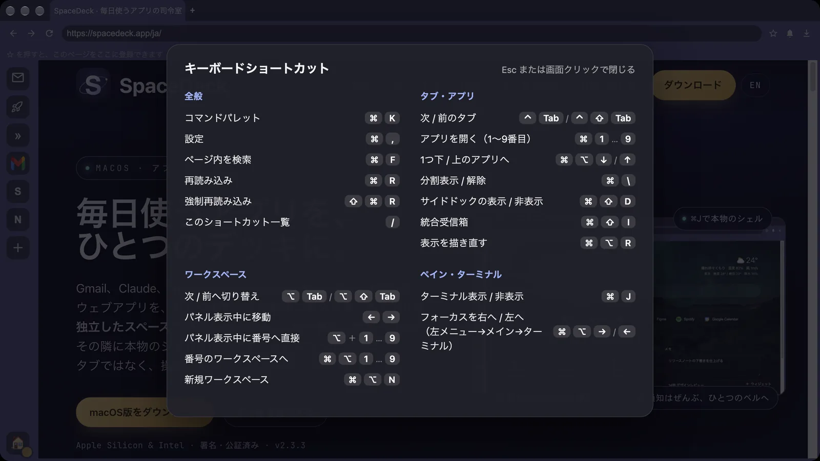 SpaceDeckの画面で「/」を押すと出る「キーボードショートカット」の一覧。