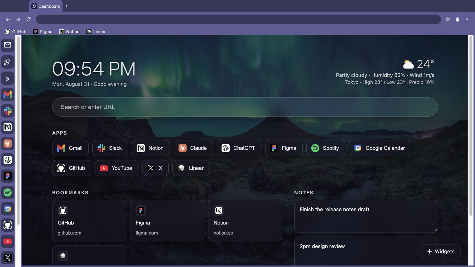 The SpaceDeck window. The left rail holds Gmail, Slack, Notion, Claude, ChatGPT, Figma, Spotify, Google Calendar, GitHub, YouTube, X and Linear, and the dashboard shows the clock, weather, apps, bookmarks and notes.